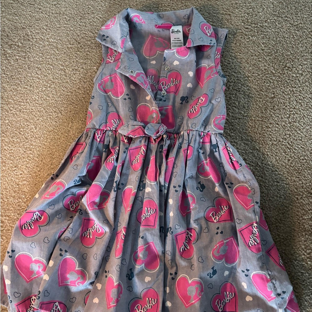 Barbie Pink & Gray Heart Print Sleeveless Collared Dress